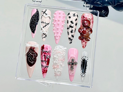 3D Punk Gothic Press On Nails | Edgy Pink Fake nails| Kawaii Horror Y2K Nail Art | Pink Horror Kawaii Nails | 3D Bloody Bear Nails| HB937YC