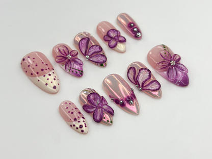 Glossy Purple Flower Press On Nails | 3D Floral Chrome Nails | Handmade Long Nails | Sparkling Violet Flower Tips| Elegant Nail Set |JC770HC