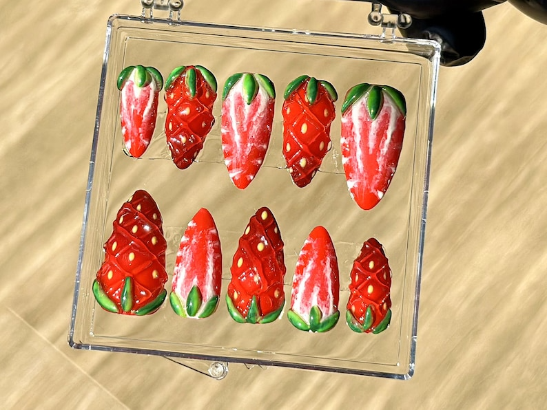 Juicy Strawberry Press On Nails | Summer 3D Fake nails| Free Style Summer Fruit Nail Art | Kawaii Nails | Cute Kawaii Press Ons | HB936YC
