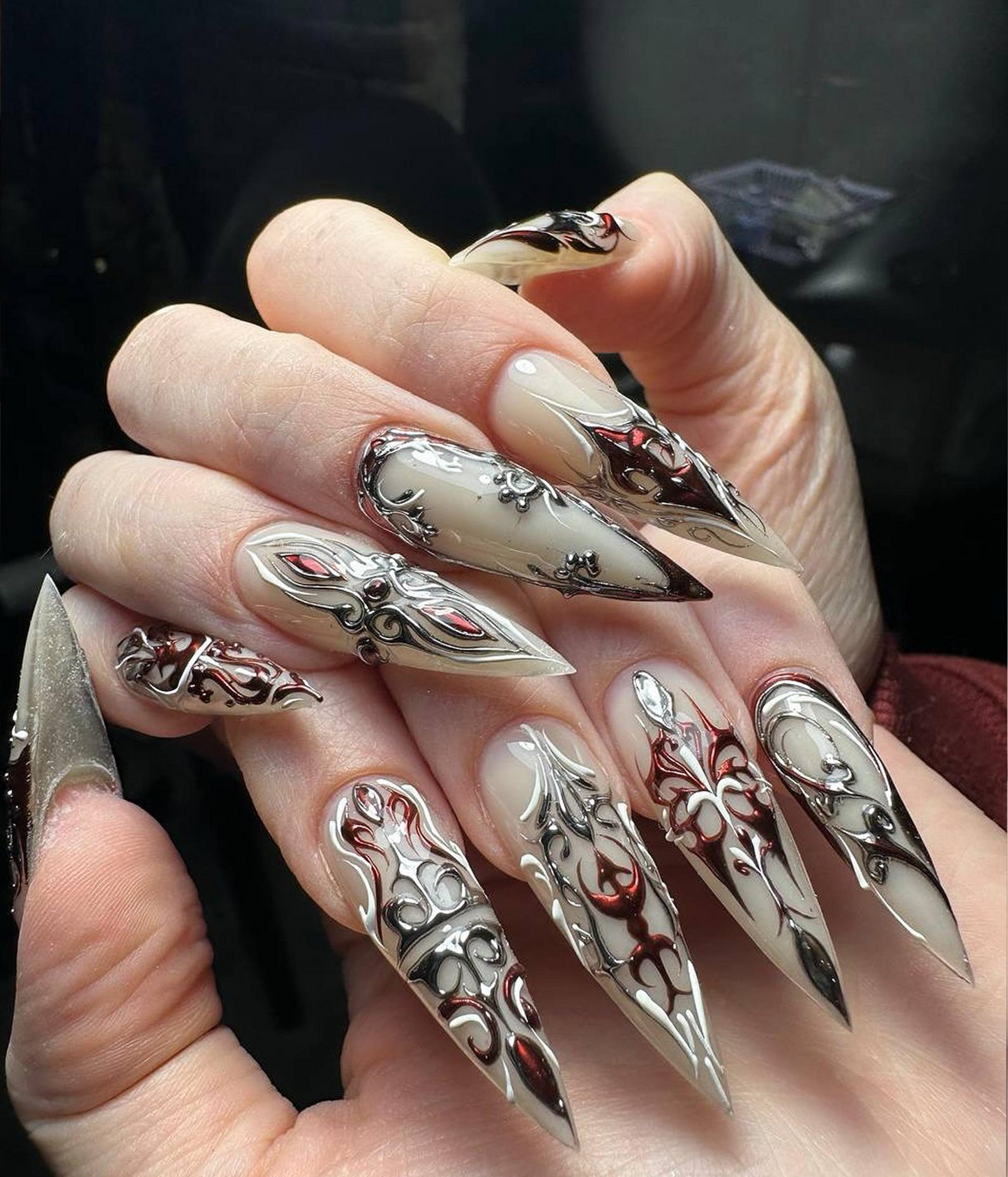 Red Silver Gothic Press On Nails | 3D Gothic Warrior Nail Art | Handmade Red Silver Metallic Nails | Dark Fantasy Armor Tips | JB803HK