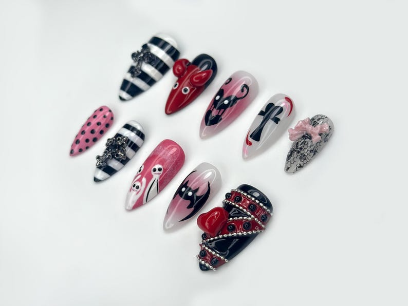Sinister Love Gothic Press On Nails | Black and Red Devil Nail Art | Striped And Polka Dot Creepy Nails | 3D Heart & Cross Accents |HB1070EC