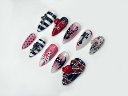 Sinister Love Gothic Press On Nails | Black and Red Devil Nail Art | Striped And Polka Dot Creepy Nails | 3D Heart & Cross Accents |HB1070EC