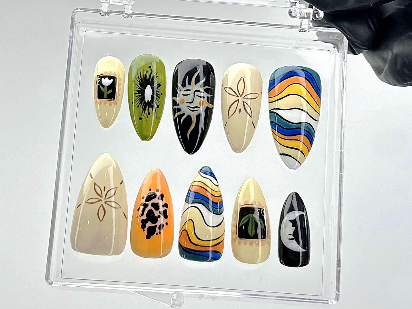 Boho Sun Moon Press On Nails | Groovy Earthy Fake Nails | Artistic Sun and Moon Nail Art | Custom Groovy Press Ons | Unique Nails | HB884YK
