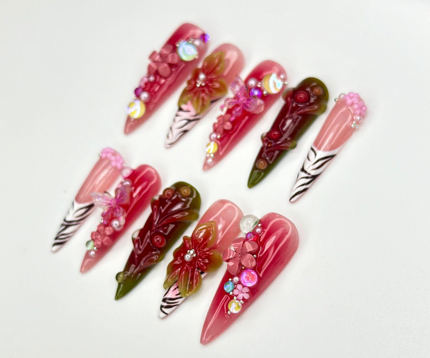 Bold Bloom Jungle Press On Nails | 3D Red Floral & Butterfly Nail Art | Zebra Print French Tips | Tropical Jungle Nail Design | JC925EK