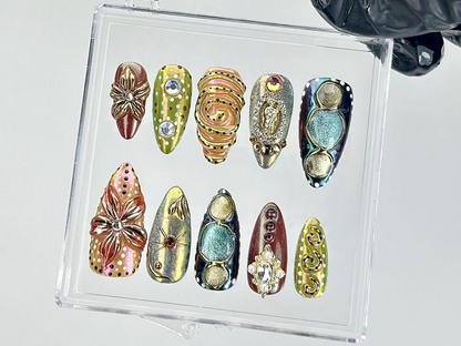 Luxe Gold Chrome Press On Nails | Artistic Metallic Fake Nails | Textured Gold 3D Design Nail Art | Gold & Silver Glam Press Ons | HB872YK