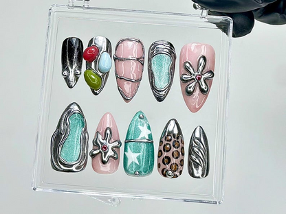 Chrome Abstract Press On Nails | Y2K Futuristic Jellybean Fake nails | Star & Flower Art Nail Art | Futuristic Y2K Chrome Nails | HB941YK