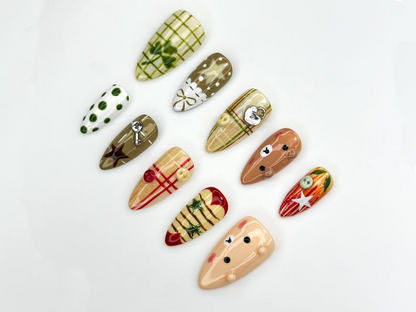 Cozy Forest Bear Press On Nails | Plaid And Polka Dot Fall Nail Art | Green & Brown Nature-Inspired Nails | Cute Bear Accent Nails| HC1167BK