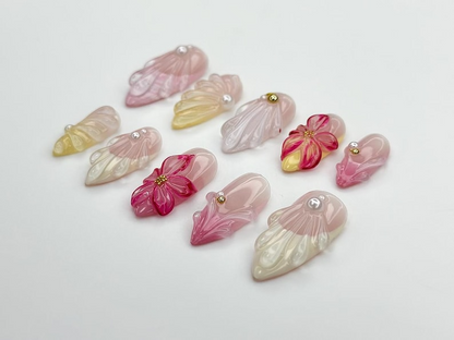 Jelly Flower Press On Nails | 3D Floral Nails with Pearls and Petal Wings | Romantic Pink Gel Nail Set | Summer Nails | Holiday Nail|JB940DC