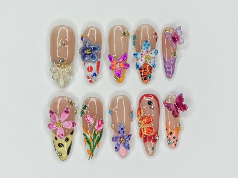 Combo Colorful Floral Press On Nails | Pastel Garden Nail Art | Flower & Butterfly Designs | Bestseller Nails | Floral Collection | JB998H