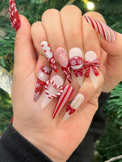 Candy Cane Christmas Press On Nails | Red White Holiday Nails | 3D Bow & Peppermint Art | Festive Winter Nail Set | JC246EC