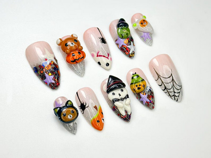 Halloween Kawaii Bear Press On Nails | Handmade Cute & Creepy Nail Art | Glitter Witch Pumpkin Design | Unique Pastel Press Ons | JB166HC