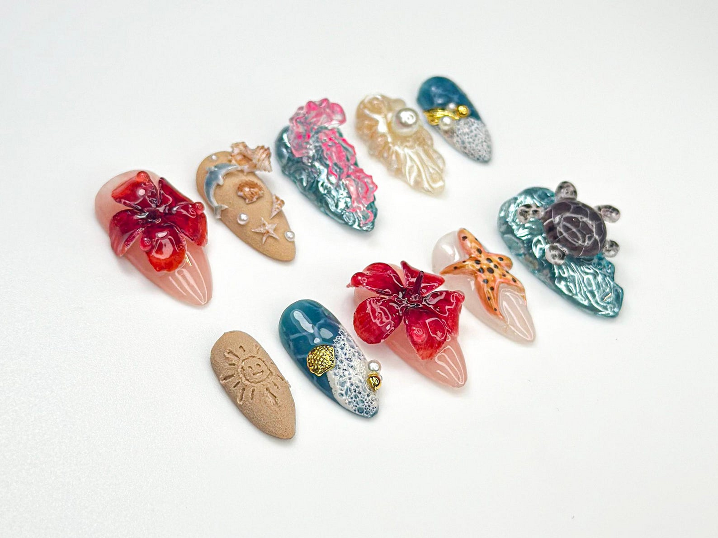 Handmade Summer Press On Nails | 3D Coral Flower Nail Art | Ocean Fantasy Starfish Nail | Tropical Beach Nail Design | Sunset Bloom| JB931HK