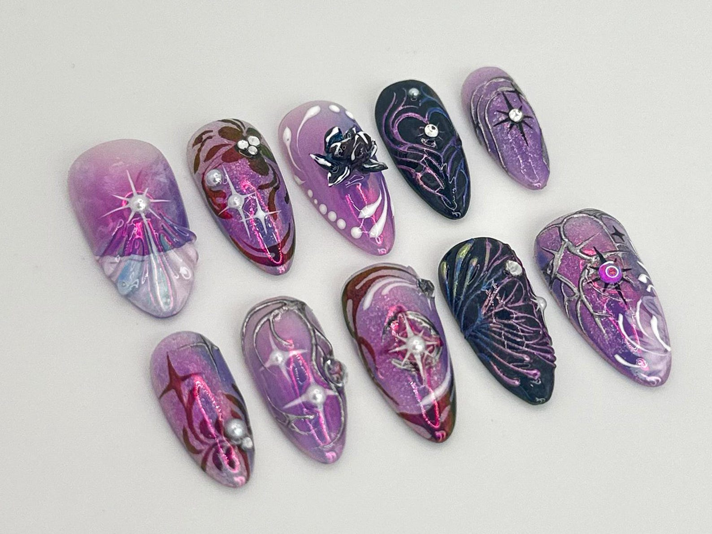 Purple Galaxy Fake Nails |Cosmic Purple Glitter Nail Art |Shiny Metallic Purple, Black Almond Nails |Rhinestone Purple False Nails | HB713YC