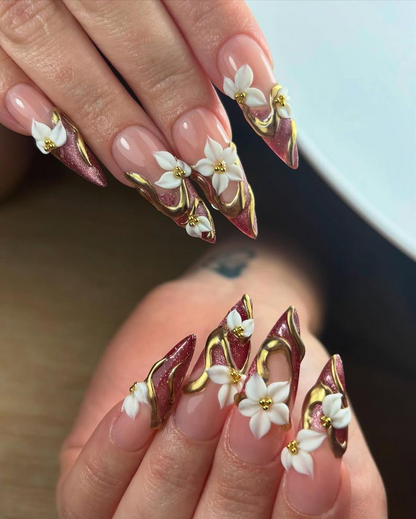 Bold Red Floral Press On Nails | Red Nude Gradient Nails | 3D White Floral & Gold Accents | Statement Autumn Nails | JB177EC