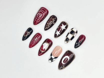 Gothic Carnival Press On Nails | Red Black Swirl & Heart Nail Art | Checkerboard Gothic Nail Set | Handmade Cosplay Nails | JC1149BC