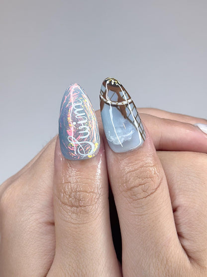 Kpop Inspired Celestial Voyage Nails | 7 Spirits Arirang Press Ons | Blue Aurora Silver Liquid Metal Nails |3D Fandom Concert Nails| OB365IK