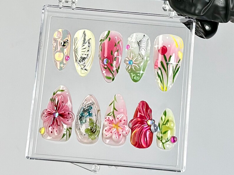 Romantic Flower Press On Nails by DoryNails | Elegant 3D Floral Nail Art | Cherry Blossom Fake Nails | Nature-Inspired 3D Nails | HB793YC
