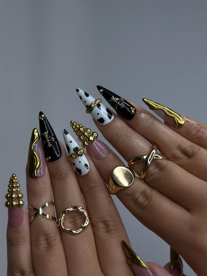 Gothic Cow Glam Press On Nails | Black & White Cow Print Stiletto Nails | Gold 3D Metal Accents | Spider Charm Nail Art | HB1058YK