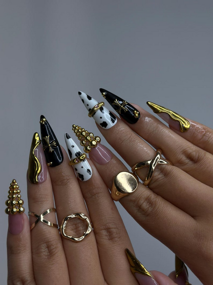 Gothic Cow Glam Press On Nails | Black & White Cow Print Stiletto Nails | Gold 3D Metal Accents | Spider Charm Nail Art | HB1058YK