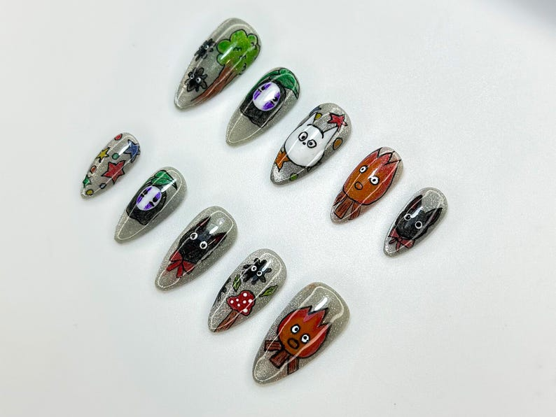 Anime Inspired Press On Nails | Hand Painted Silver Glitter Nails | Cute Cosplay Character Nail Art | Unique Kawaii Nail Set | JC1133BK