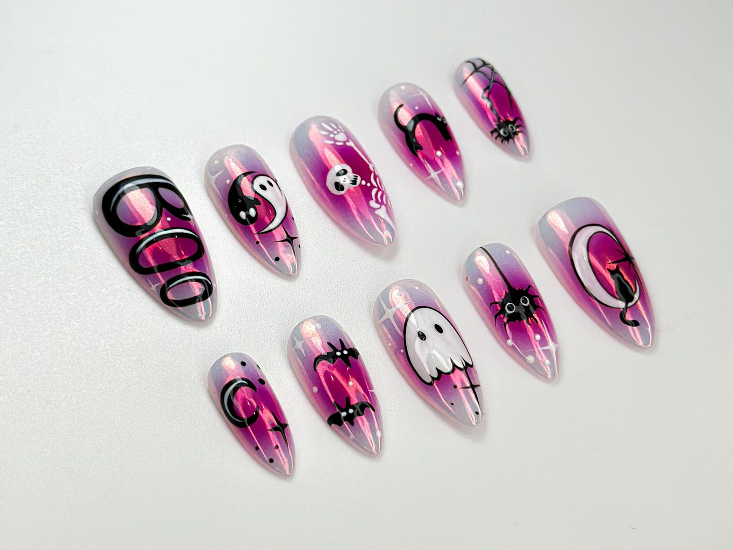 Cute Halloween Glow Press On Nails | Pink Spooky Ghost Nail Art | Glow in Dark Cat & Bat Nails | Adorable Halloween Press Ons | JC104HC