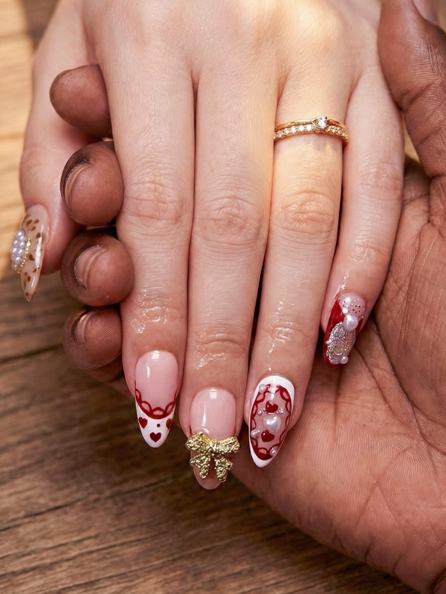 Press On Nails Adhesive Tabs – Nude Red Heart & Glitter Bow Design Long Almond Handmade Fake Nails for Valentine Gift