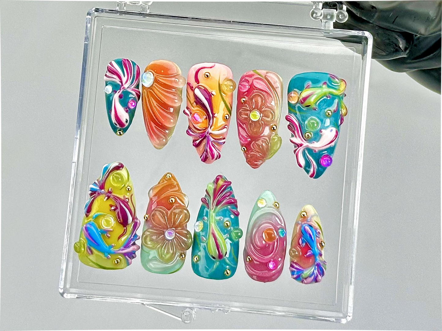 Colorful 3D Press On Nails by Dorynail | Swirl Rainbow Fake Nails | Swirly Neon Nail Art |Multicolor 3D Nail Art |Psychedelic Nails|HB796YC