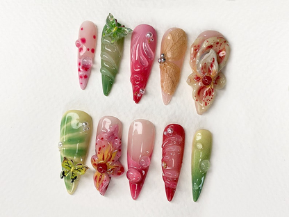 Secret Garden Long Almond Flowers Press On Nails | Dreamy Fairy Tale Inspired Fake Nails | Handmade Floral Nail Art | Gift for Her | JC435AV