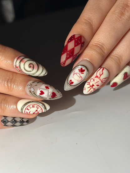 Alice Wonderland Easter Press On Nails | Playing Card Heart Nails | Red White Nails | Fantasy Swirl Set | Handmade Press Ons | HB1295HC