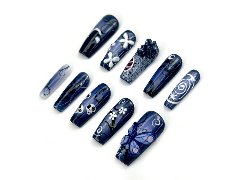 Midnight Gothic Butterfly Press On Nails | Dark Blue Fantasy Nail Art | 3D Butterfly, Skulls & Floral Accents | JC140EC
