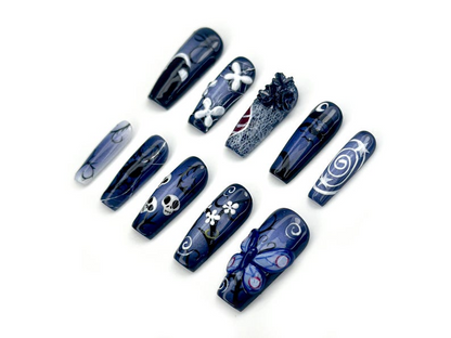 Midnight Gothic Butterfly Press On Nails | Dark Blue Fantasy Nail Art | 3D Butterfly, Skulls & Floral Accents | JC140EC