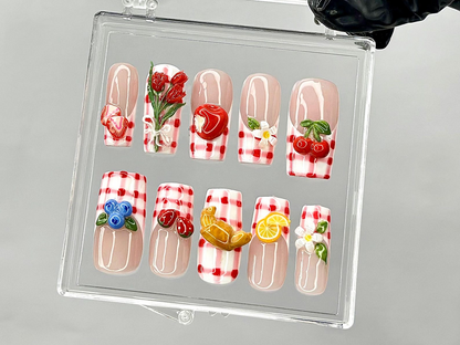 Gingham Picnic Press On Nails | 3D Fruit & Floral Nail Art | Cherry Strawberry Lemon Press Ons | Cottagecore Picnic Fake nails | HB944YK