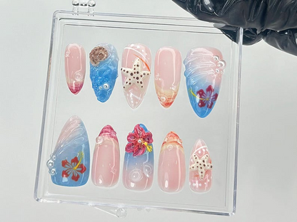 Ocean Shell 3D Press On Nails | Tropical Starfish Fake Nails | Handmade Summer Beach Nail Art |Mermaid Nails |Gift for Beach Lovers |HB840YC
