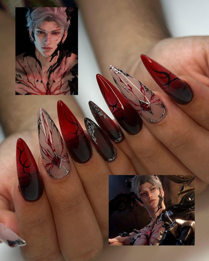 Sylus Love and Deepspace Nail Art | Vampire Romance Claws | Red Vein Gothic Fantasy Nails | Sylus Inspired Nail Art | JC820HC