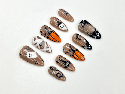 Cute Spooky Halloween Press On Nails | Ghost Pumpkin And Black Cat Nail Art | Mummy & Witchy Spider Nails | Fun Fall Nail Set | HC1153BC