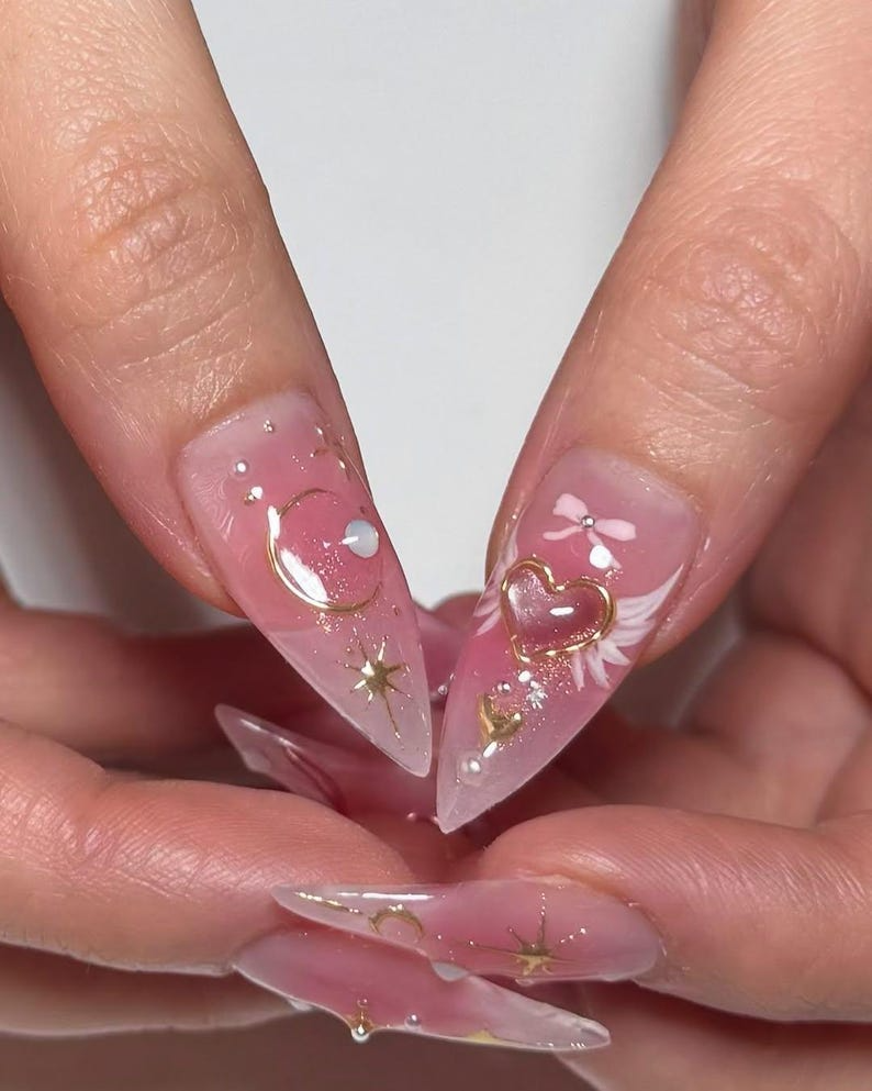 Moon & Star Romantic Press On Nails | Pink Fantasy Nail Art | Magical Soft Girl Press Ons | Pearl Dreamy Nail Set | Soft Girl Nails |JC833HC