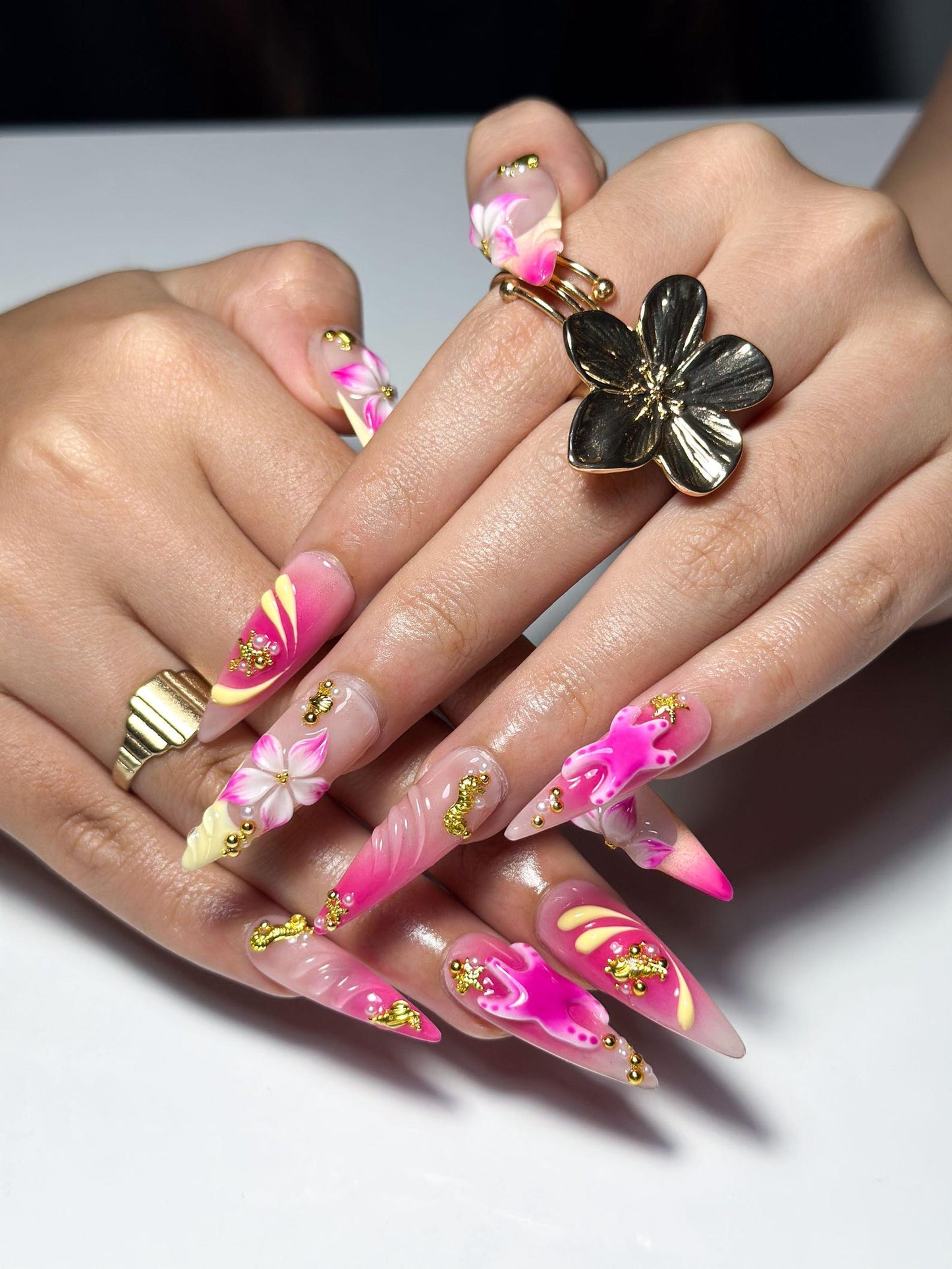 3D Starfish Hibiscus Press On Nails | Neon Pink Yellow Ombre Tropical Summer Fingernails | OB1329IK