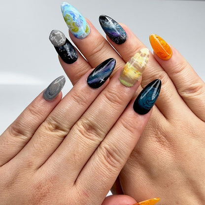 Solar System Almond Press On Nails | Handpainted Celestial Galaxy Fake Nails | OB401LK
