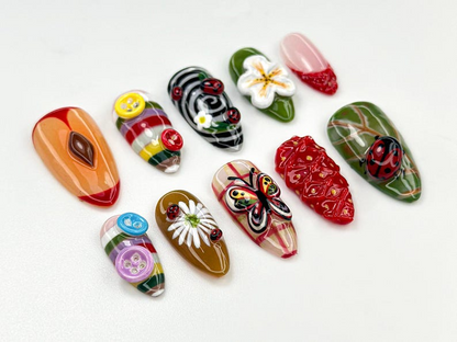 Whimsical Garden Themed Press On Nails | Cottagecore Strawberry & Button Nail Art | Vintage 3D Ladybug Nails | Forestcore Press Ons |JB824H
