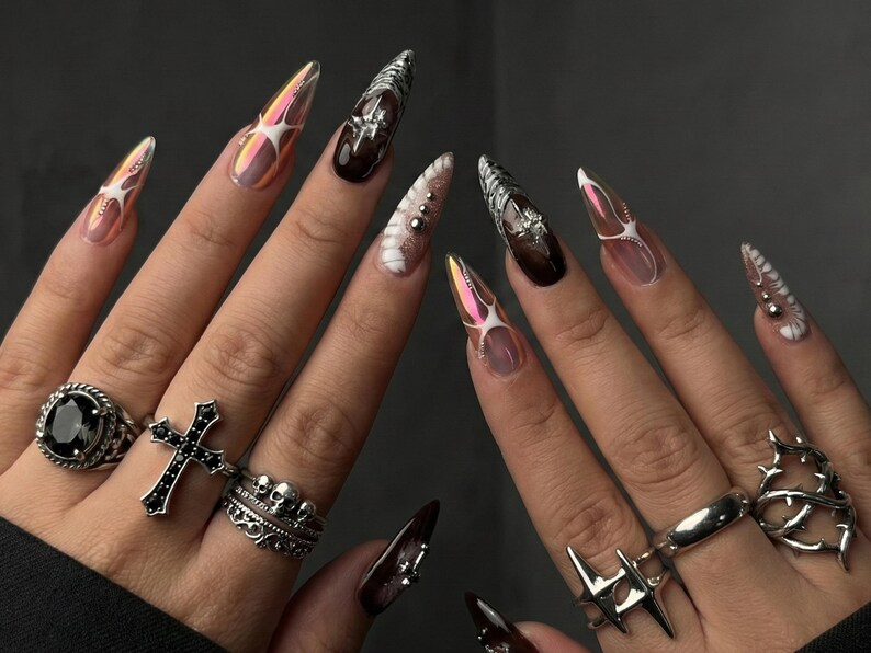 Press On Nails Adhesive Tabs – Black Pink Chrome Cross & Star Long Stiletto Handmade Fake Nails for Gothic Luxury Look