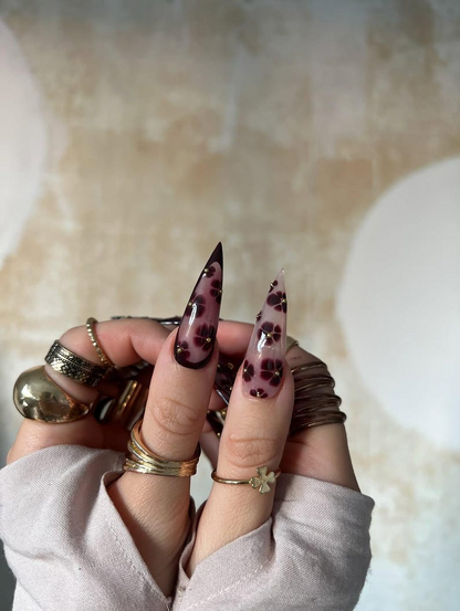 Fall Rose Luxe Press On Nails | Pink & Brown Autumn Glam Nails | 3D Bow and Rose Accents | Elegant Metallic Nail Design | HB1099EK