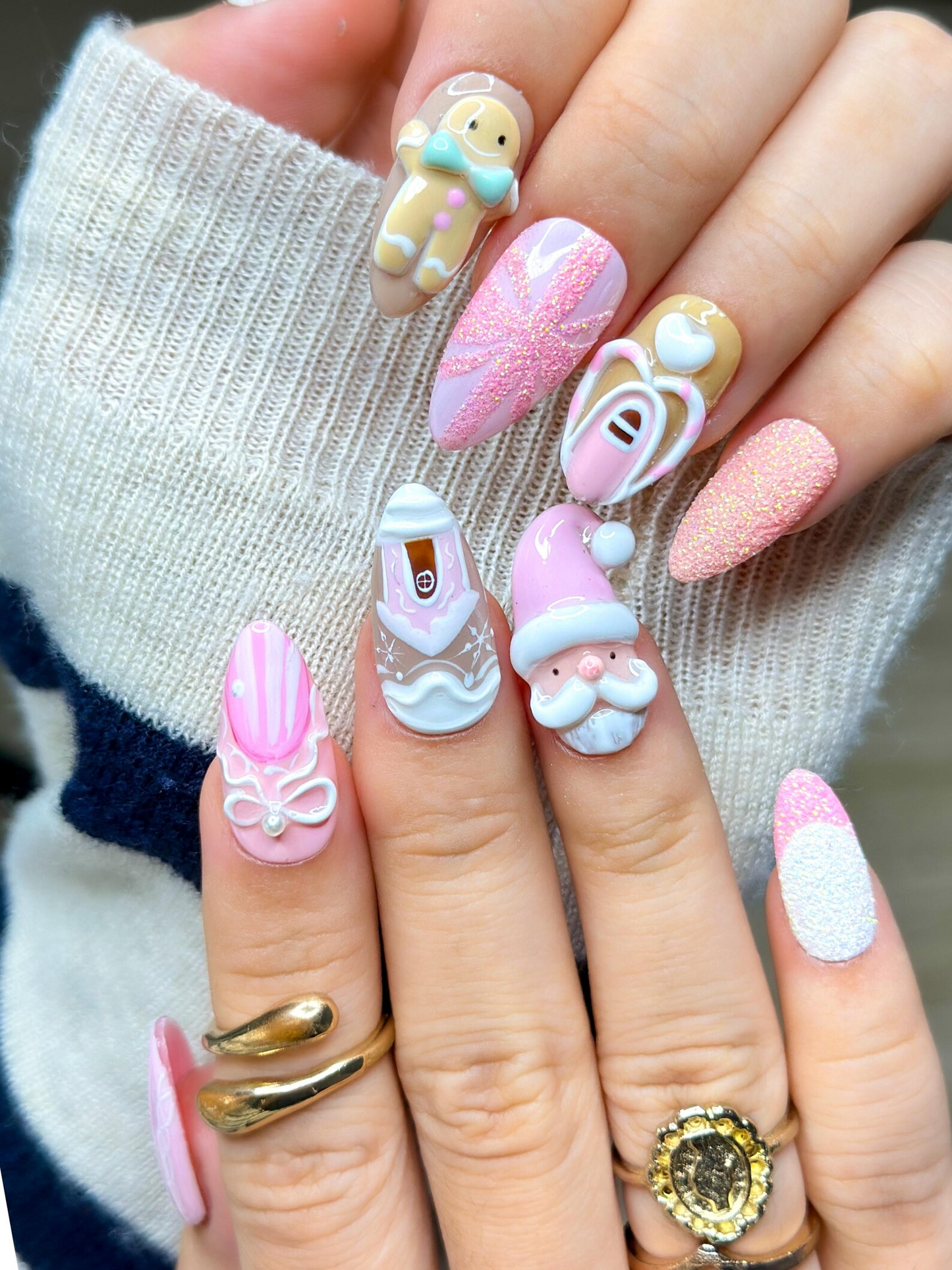 Pink Gingerbread Christmas Press On Nails | Festive Holiday Nail Art | 3D Santa & Candy Cane Nail Set | Handmade Pink Winter Nails|JB225EG