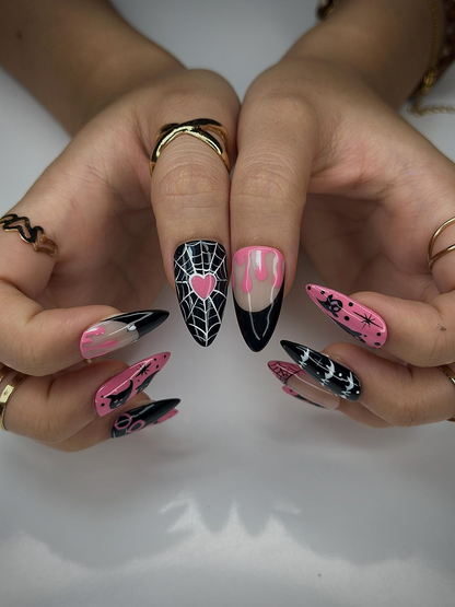Pink Spooky Ghost Press On Nails | Cute Halloween Nail Art | Black & Pink Spiderweb Nail |Girly Gothic Press Ons |Creepy Cute Nail | JC144HC