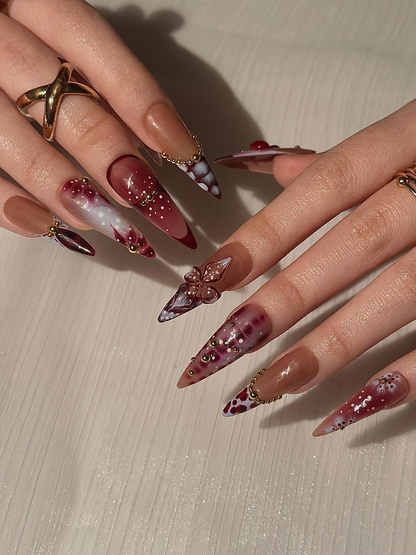 Burgundy Baroque Press On Nails | Luxury Cherry Red Nails | Gold Accent Nails | Elegant Marble Nails | Handmade Glam Press Ons | JC316HC