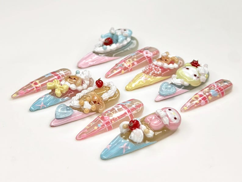 Pastel Fairy Kei Press On Nails | 3D Cartoon Bear Bunny Nail Art | Harajuku Kawaii Fake Nails | Cute 3D Kawaii Nails | cute cute nails |HB580YP
