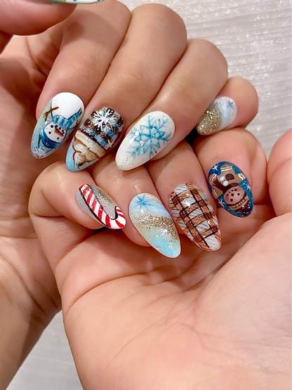 Blue Cottagecore Christmas Press On Nails | Holiday Gingerbread Winter Nail Art | Snowman & Candy Cane Art | JB240EG