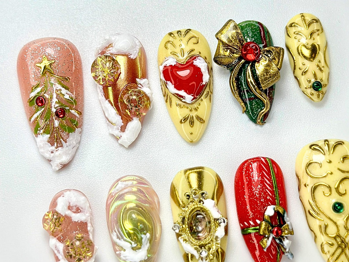 Golden Enchant Press On Nails For Christmas | Luxury 3D Gold Ornament Nail Art | Red & Green Holiday Design | Baroque Winter Nails |HB1008YC