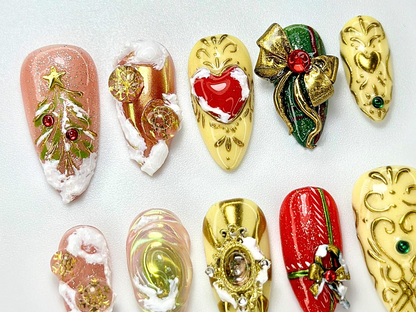 Golden Enchant Press On Nails For Christmas | Luxury 3D Gold Ornament Nail Art | Red & Green Holiday Design | Baroque Winter Nails |HB1008YC