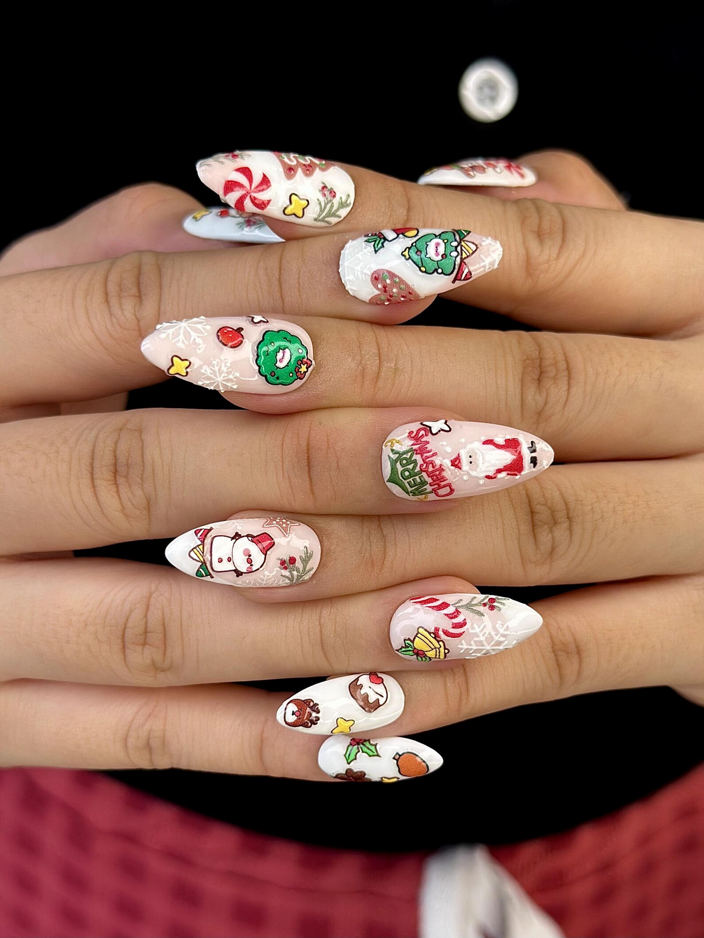 Merry Cartoon Christmas Press On Nails | Kawaii Christmas Nail Art | Festive Holiday Character Nails | White Winter Press Ons | JB222EC