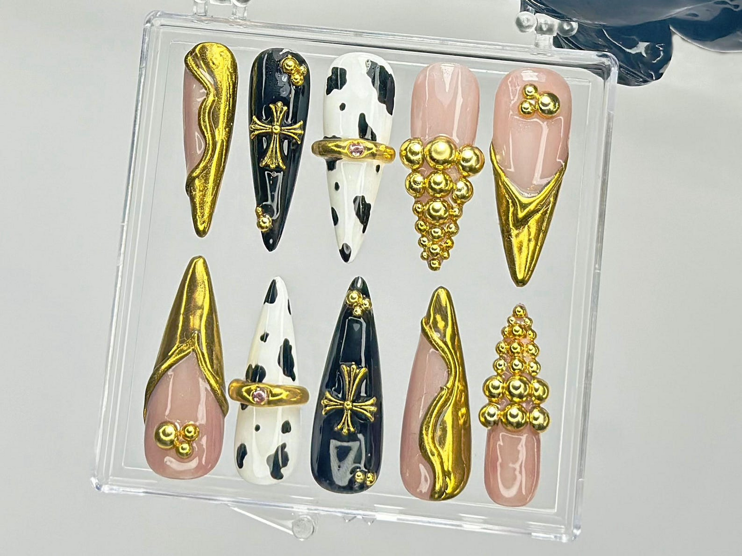 Black & Gold Luxury Press On Nails | Bold Cow Print Fake Nails | Golden Gothic Nail Art | Glam Cow Print, Cross Design Press Ons | HB919YK